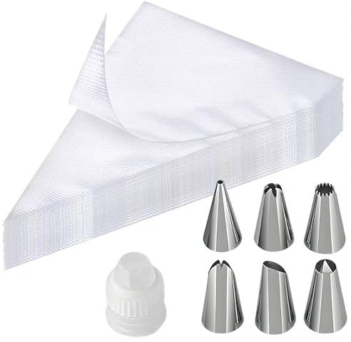 Juego de manga pastelera, mangas pasteleras desechables, 100 bolsas de piping+6 boquillas+1 embrague para boquillas pasteleras, mangas pasteleras profesionales para decorar pasteles