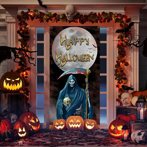 PLNVNVP Bannière de Décorations de Porte d'halloween Grande Bannière de Porte d'halloween Bannières de Porte Happy Halloween Bannières de Porte à Suspendre avec Motif de Fantôme du Crâne,180 x 90cm