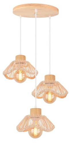 DLGLOLIN 3 lampade a sospensione in bambù intrecciato, lampada a sospensione in stile Boho per interni lampadario soggiorno in rattan, vintage, in legno, per camera da letto, corridoio, cucina, caffè