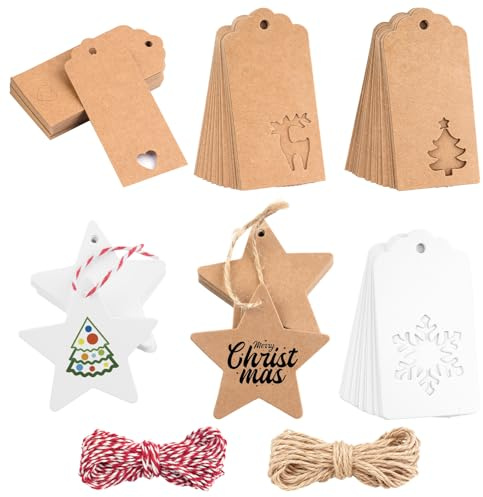 Geschenkanhänger Weihnachten, 200 Stück Anhänger Zum Beschriften, Kraftpapier Anhänger mit 20M Jute Schnur, Etiketten Anhänger, Geschenk Etiketten für Weihnachtsgeschenke Weihnachtsbäume Flaschen