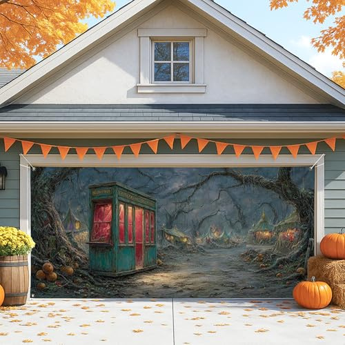 Spooky - Cubierta vintage para puerta de cochera, decoración grande de Halloween al aire libre, decoración de fiesta de otoño y otoño, 157 x 71 pulgadas