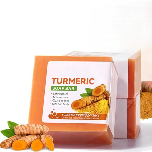 Turmeric Soap Set of 3 – 100% Natural Handmade Face & Body Bars, Deep Cleansing, Pore Minimizing, Moisturizing, Brightening Dark Spots, Acne & Scars, Anti-Aging & Firming Skin (3 x 100g)