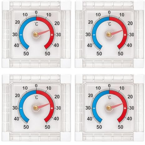 4 Stück Fensterthermometer Aussen, Aussenthermometer Wetterfest, Analoges Thermometer für Fenster und Kühlschrank, 7.5 * 7.5 * 2.3 cm