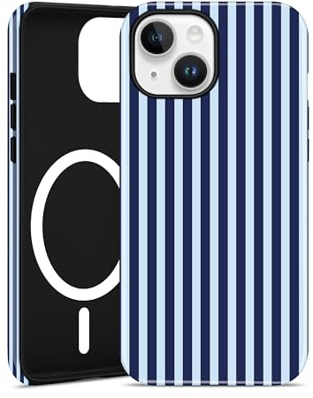 Jusy magnetiskt randigt fodral för iPhone 13/14, djupblå | Aesthetic Striped sommarmönster mobilskal, kompatibel med MagSafe, tvåskikts stötdämpning