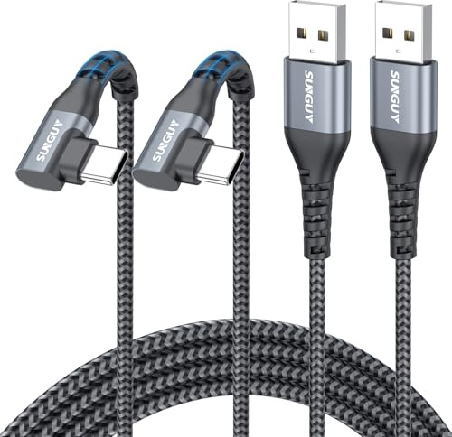 SUNGUY Câble USB C 90 Degrés 2M [lot de 2], Coudé Câble USB Type C Charge Rapide Tressé Cable pour iPhone 17/6/15 Pro Max, Samsung Galaxy S25/S24/S23/S22, Pixel, iPad