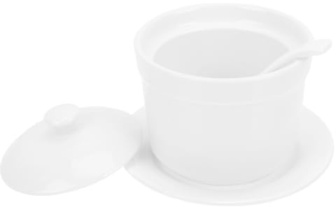 FUNNETOYU Bol à Soupe en Céramique avec Couvercle Bol Mijoteur 4 Pouces Cuillère Incurvée Assiette Plate 5 Pouces Ustensile Cuisine pour Cuisson Vapeur Préparation Œufs et Desserts