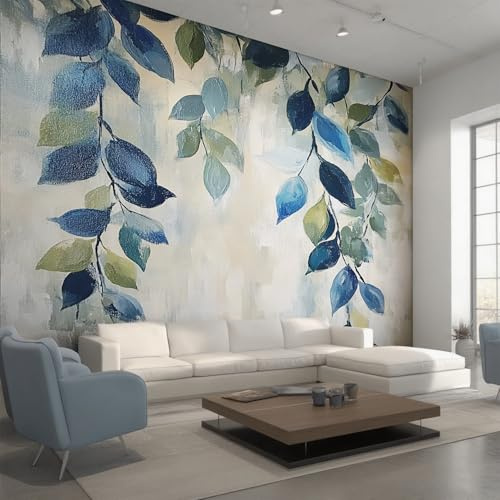 Generisch Vlies Fototapete Türkis Blätter 200x140 cm, Tapete Türkis Tapeten Vliestapete Wohnzimmer Ölgemälde Blatt Schlafzimmer Wandtapete Ornamente Mustertapete W&66