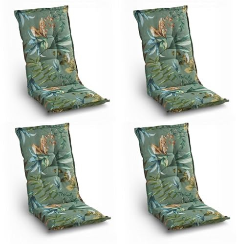Home4You 4er Set Hochlehner-Stuhlauflagen mit Blütenmuster – Sitzauflage 118 x 48 x 7 cm – Farben Blau Orange Grün – Polyester Baumwolle Gewebe – Stehsaum & Gurtband – Gefertigt in Deutschland