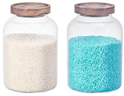 Large Glass Storage Jar with Airtight Acacia Lid - Large Food Storage Container for Kitchen Pantry Organization - Clear Glass Canister Set for Pasta, Rice, Flour, Cereal, Oats, Coffee Beans (2, 2L)