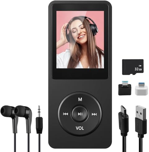 Lettore MP3 Bluetooth da 32 GB, lettore musicale HiFi senza perdita con altoparlante, funzione di registrazione MP3 per sport e viaggi, durata della batteria fino a 70 ore, portatile, con cuffie, per