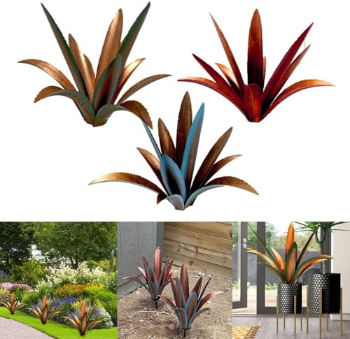Kivivaka Statua da giardino in agave in metallo, per grande decorazione esterna in ferro, prato, patio, scultura artificiale resistente alle intemperie, blu verde con palo ad H