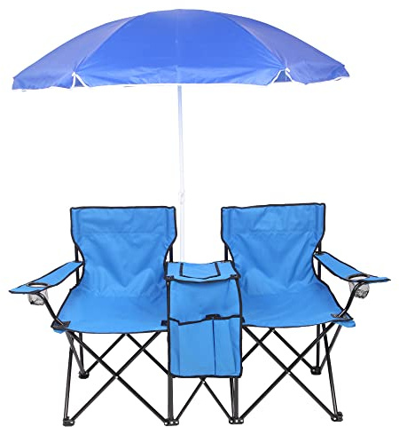 Outopee Double Camping Chair, Folding Loveseat Chairs with Detachable Umbrella, Cooler Bag, Cup Holders & Carry Bag, Portable Outdoor Loveseat for Beach, Fishing, Picnic, Patio, Blue