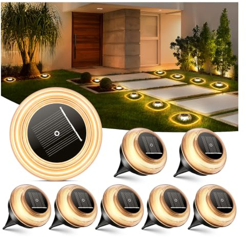 NIBSHOOM Solar Bodenleuchten Außen 8 Stück,IP68 Wasserdicht,Warmweiß | Solarleuchten Garten 12H Akkulaufzeit, Gartenbeleuchtung Solar Scheibenleuchten, Solarlampen für außen für Garten, Terrasse