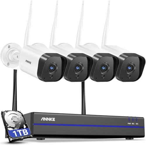 ANNKE 3MP telecamera di sorveglianza wireless set esterno 8CH 5MP NVR con 4 pezzi 3MP WiFi telecamere set di videosorveglianza con disco rigido da 1 TB, IP66 Impermeabile, compatibile con Alexa