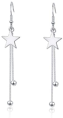 Kamise Silber Ohrhänger Ohrringe, 925 Sterling Silber Damen Haken Ohrringe Hängend, Hypoallergen Tropfen Baumeln Ohrringe mit Stern/Fächerförmig/Vierblättrige, Lange Quaste Schlangenkette Ohrringe