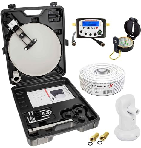 PremiumX Camping SAT Anlage Satellitenschüssel Sat-TV-Signalfinder Kompass Single LNB 10m Kabel F-Stecker kompakt im Koffer