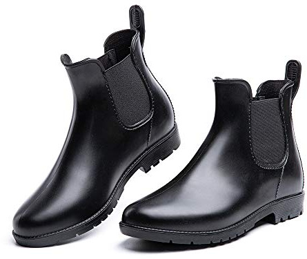 Hitmars Botas de Agua Mujer Botines Lluvia Goma Jardín Trabajo Impermeables Chelsea Boots Antideslizante Cómoda Negro Talla 38