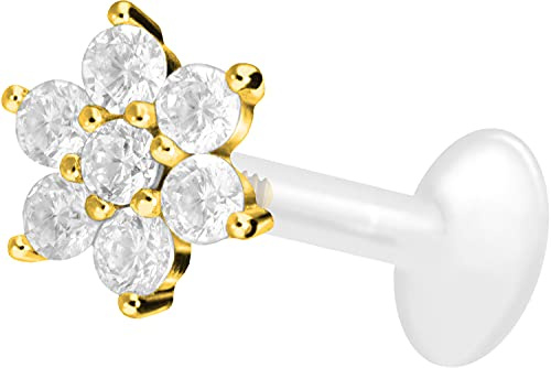PIERCINGLINE PTFE Labret mit Gewinde TITAN AUFSATZ KRISTALLBLUME Piercing Lippe Nase Ohr Helix Goldfarben 1,2 x 9 mm