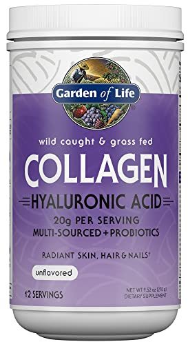Garden of Life Marine & Grass-Fed Collagen Peptides Powder Supplement (Type I, III) with Probiotics, BCAAs & Hyaluronic Acid for Radiant Hair, Skin & Nails – Unflavored, 20g per serving, 12 Servings