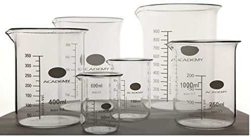 ACADEMY 100ml Glass Laboratory Beaker | 13 Different Low Form Lab Beaker Sizes | Available from 5ml to 5000ml | All Borosilicate 3.3 Glass