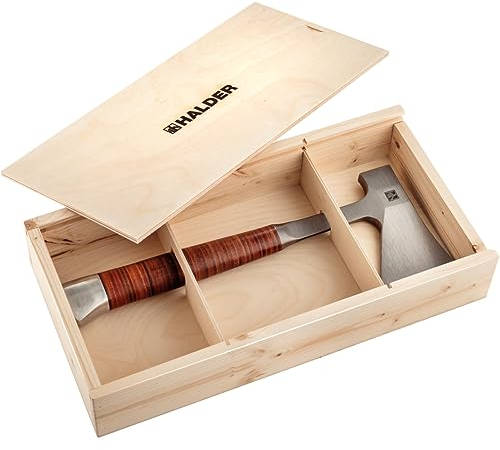Handbeil, mit Ledergriff, inkl. hochwertiger Ledergürteltasche als Schneidschutz; in attraktiver Geschenk-Holzbox | 3555s001