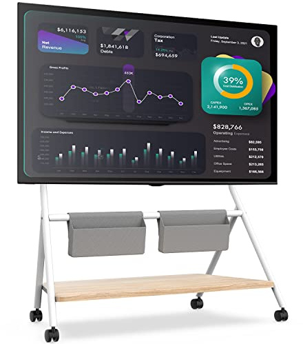 FITUEYES Mobiler TV Ständer Rollbar, TV Stand für 65 70 75 80 85 88 Zoll Fernseher bis 55kg, Höhenverstellbar TV Standfuss mit Aufbewahrungstasche & Holzablage, Collector Serie