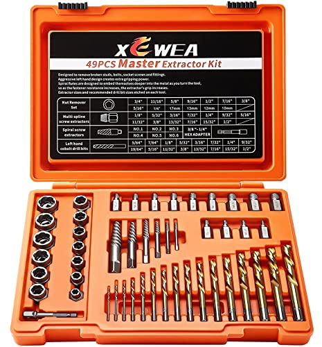 XEWEA 49PCS Screw & Bolt Extractor Set with Left Hand Drill Bit Set, Multi-Spline Easy Out Broken Bolt Remover Tools for Damaged Stripped Rounded-Off Bolts, Socket Screws, Nut, Studs and Fittings