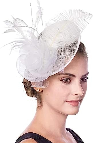 Fascinator Hut Damen Mütze mit Federn Haarschmuck Blumen Haarreif Mesh Kopfschmuck mit Haarclip Haarspange Elegant Schleier Vintage Kopfbedeckung Hochzeit Party Cosplay Cocktail Kirche