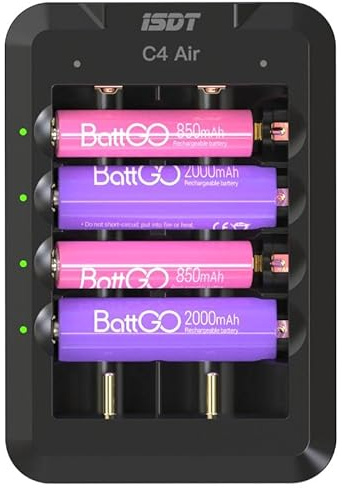 ISDT C4 Air Schnell Akkus Ladegerät,Universal-Haushalt Batterieladegerät mit Bluetooth-APP-Verbindungsfunktion,USB C zyklischer Lade- und Entlade Ladegerät für AAA/AA/18650/26700 Akkus usw