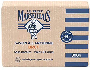 Le Petit Marseillais | Savon à l'Ancienne Brut Sans Parfum (pain de 300 g) – Savon solide mains & corps avec 99 % d'ingrédients d'origine naturelle – Emballage en papier recyclable