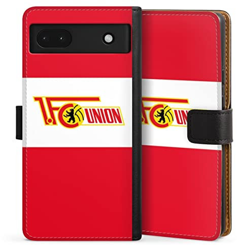 Klapphülle kompatibel mit Google Pixel 6A Handyhülle aus Kunst Leder schwarz Flip Case FCU Offizielles Lizenzprodukt 1. FC Union Berlin