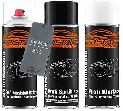TRISTARcolor Autolack Spraydosen Set für Kunststoff Stoßstange für Mini 850 Pepper White/Old English White Haftgrund Basislack Klarlack mit Weichmacher Sprühdose