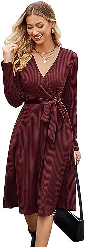 Newshows Jumper Dress for Women Long Sleeve Knitted Midi Dress | V Neck Party Dress with Pockets, Elegant Sweater Dress