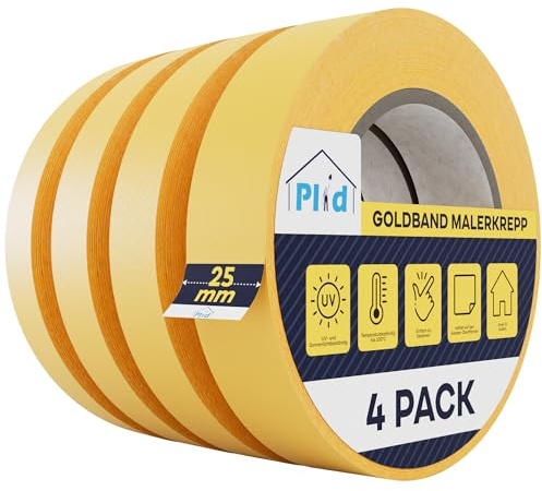 Plid Goldband Malerkrepp – 4 Rollen - 25 mm × 50 m – Malerklebeband | Kreppband | Abklebeband | Für Wand, Holz, Metall, Putz & Glas | Präzise Farbkanten | Innen & Außen