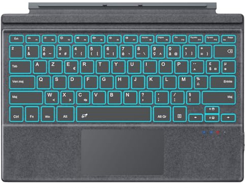 MoKo AZERTY Clavier Français Microsoft pour Surface Pro 7+/7/6/5/4/3,Gris | Bluetooth avec Pavé Tactile, Rétroéclairage LED 7 Couleurs, Batterie Rechargeable