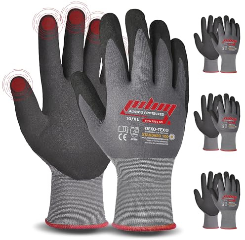 Pilim Microfoam Nitrile Safety Gloves Work Gloves - 3 Pairs Size 8/M with Secure Grip Gloves Ideal for Mechanics, Construction and Gardening - Available in 3, 6, or 12 Packs