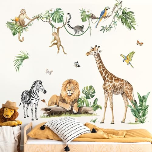 decalmile Stor djungel djur tropiska löv väggdekaler safari träd lejon giraff apa väggklistermärken baby barnkammare barn sovrum vardagsrum väggdekor