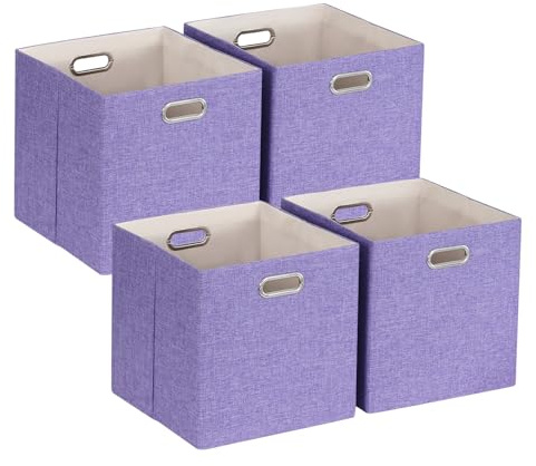 ORGMASTER Würfelförmige Aufbewahrungsbehälter, zusammenklappbare Aufbewahrungswürfel, Aufbewahrungsboxen aus Stoff für Home-Office-Kleiderschrankregale, 4er-Pack, 28x28x28 cm, Lila