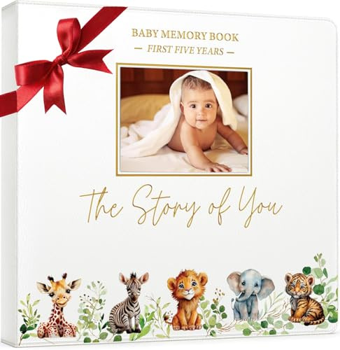 Baby Book Keepsake - Timeless Baby Memory Book for Boy or Girl I First 5 Year I Faux Leather, Gender Neutral, Safari Theme w/Gold Foil Stamp - Baby First Year Book Journal Scrapbook Photo Album Shower
