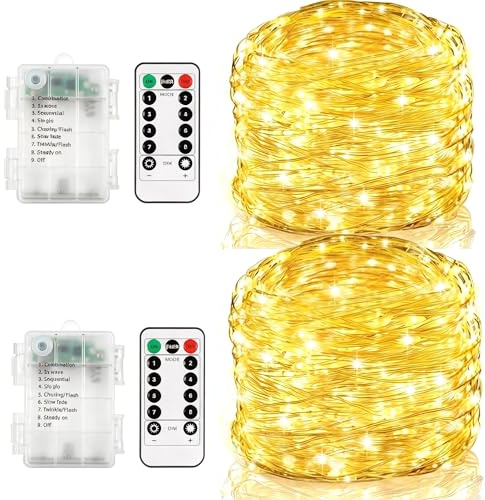 CCILAND 2 Stück Lichterkette Batterie mit Fernbedienung und Timer | Akku Lichterkette Draht Wasserdicht Gesamt 12M 120 LED Lichterketten für Innen Außen Weihnachten Hochzeit Deko (Warmweiß)
