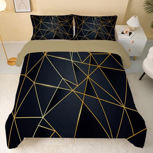 Schwarze Geometrie Bettdecke 135x200 4 Jahreszeiten, Wende Steppdecke 135x200, Warme Ganzjahresdecke Gold Linien Bettdecke ohne Bezug Waschbar Schlafdecke mit 2 Kissenbezug 80x80cm