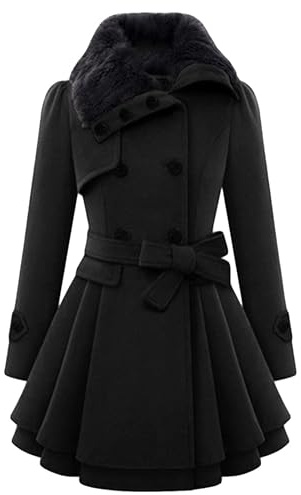 BOFETA Damen Kunstpelz Revers Wollmischung Erbsenmantel Doppelreihiger Plissierter Trenchcoat Jacke Mit Gürtel