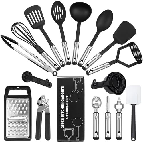 BEWOS 25pcs Nylon Kitchen Utensils Set, Non-Stick & Heat Resistant Cooking Utensils Set, Non-Toxic Kitchen Tools & Accessories, Cookware Tongs Spatula Spoon Set, Black