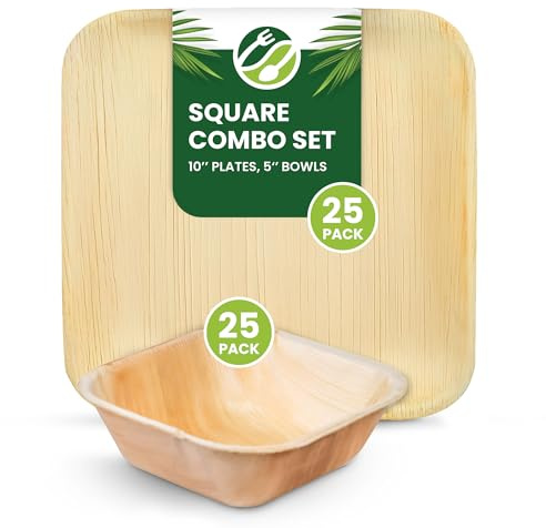 Eco Leaf 50pcs Disposable Palm Leaf Plates and Bowls Combo Set – 25x 10 Square Plates and 25x 5 Square Bowls – Eco-Friendly, Biodegradable, Oven Safe, Durable for Parties and Picnics
