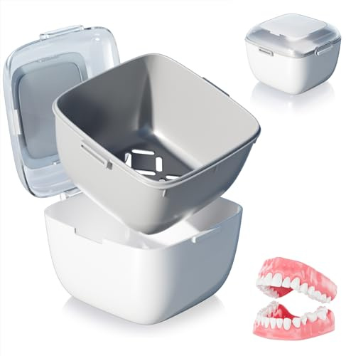 Zephyra Zahnprothesenbox mit Sieb, Tragbare Prothesendose Abdeckung, Zahnspangendose Gebissdose für Zahnersatz und Zahnspangen, Ideal für Reinigung, Aufbewahrung und Reise (Weiß)