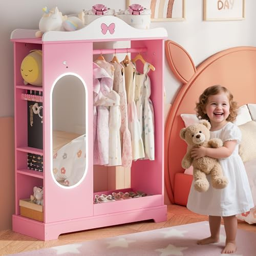 Callales Kids Armoire with Jewelry Cabinet, Kids Dress Up Storage wth Shelves, Girls Wardrode Costume Organizer with Mirror, Children Closet with Armoire for Bedroom, Kid Room, Girls (Pink)