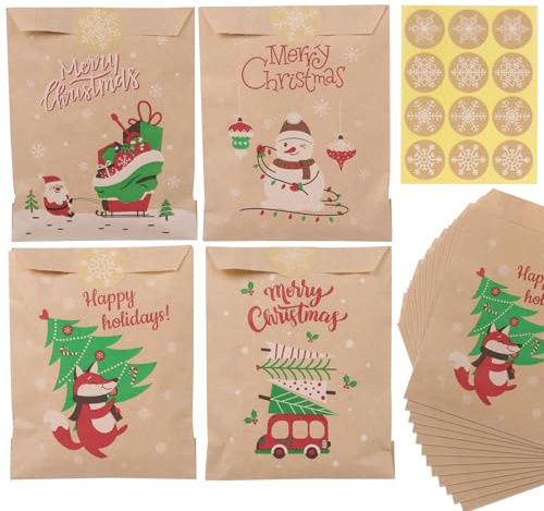 BETESSIN Geschenktüten Weihnachten - 24 Stück Kraftpapiertüten mit Weihnachtsmotiven - Adventskalender Tüten zum Befüllen mit Geschenkaufkleber - Weihnachtstüten Klein 13x18cm