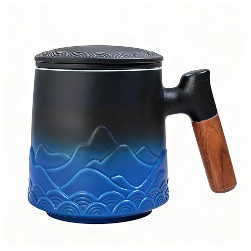 Zenoza Taza Infusiones con Tapa y Filtro – Tazas de Té 500ml Grande Cerámica Artesanal con Asa de Madera – Regalo para los Amantes del Té, Azul Elegante