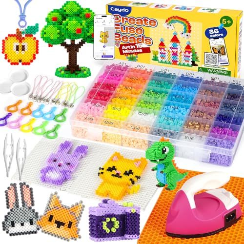 Caydo Fuse Beads Iron Kit with Design App & 200+ Patterns for Beginners, 10500pcs 36 Colors 5mm Iron Beads for Kids Kit, Customizable Melting Bead Kit for 5-12 Girls DIY Craft Gift