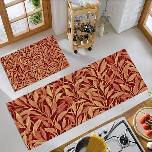 Set di 2 Tappeti da Cucina Foglie Di Salice, Tappetini da Cucina Lavabili, Runner Antiscivolo Country Tappetino Assorbente per Ingresso e Decorazione Domestica, Marrone Rossastro, 43x75cm+43x120cm
